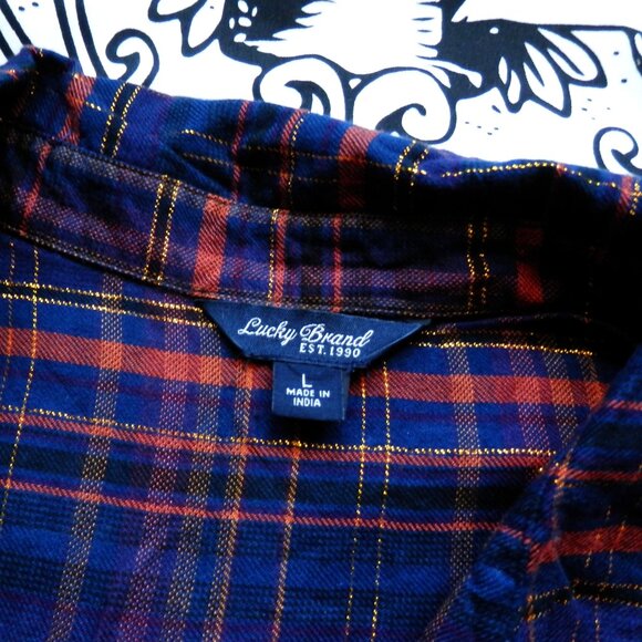 ✨ Lucky Brand || Gold Thread Plaid Long Sleeve Flannel Top - Picture 2 of 5